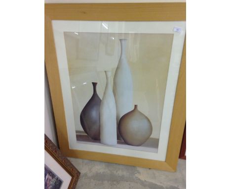 A large framed & glazed print of vases with light wood frame. 108 x 88cm.