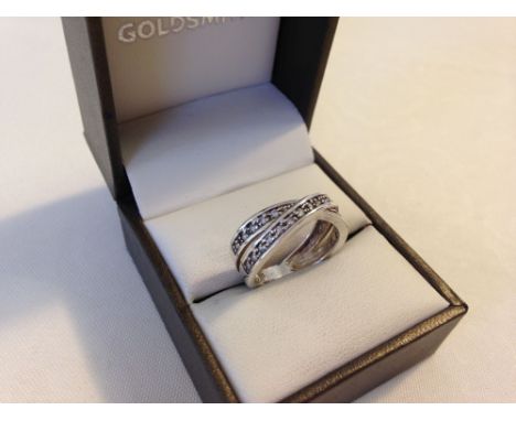 925 silver double banded cross over ring set with white stones. Size approx N