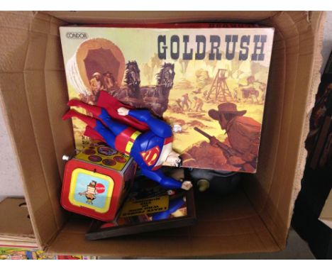 A box of vintage toys & games to include a 1968 Mattel tinplate Jack in the music box.