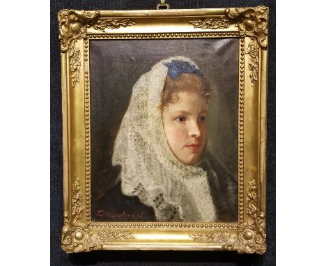 Thekla Hasselquist (Norwegian Born 1850) Portrait painting of a young girl wearing a lace bonnet. Signed lower left. Oil on C