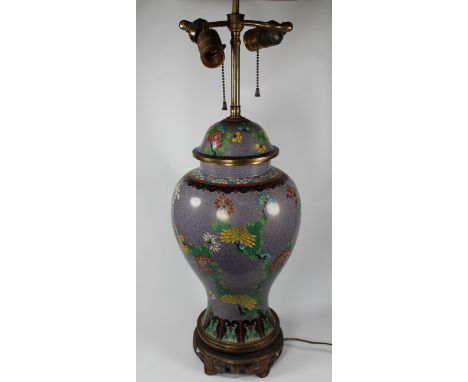 Chinese Cloisonne Style Urn Form Lamp. Height: 30 inches (including finial).