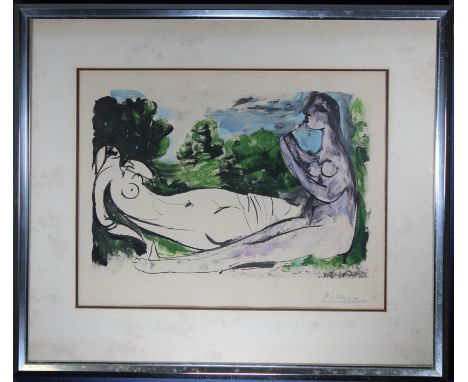 After Picasso, Framed Reclining Nudes Lithograph. Signed in plate lower right. Image Size: 15 x 19 in.