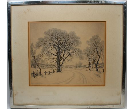 Ronau Woiceske  (NY, Illinois, 1887 - 1953) Etching of a winding country road with a farmhouse in the background.  Signed low