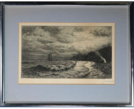 James Craig Nicoll (New York, California, Connecticut, 1846 - 1918) Etching depicting a coastal seascape with a vessel near t