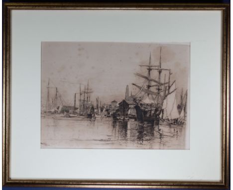 Stephen Maxfield Parrish (Pennsylvania, New Hampshire, 1846 - 1938) Etching of a harbor scene. With sailing vessels throughou