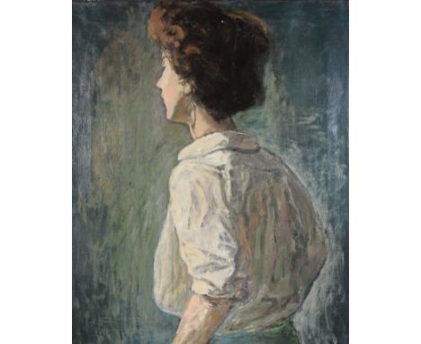 Lambro Ahlas (California, New York, born 1928) Oil on canvas portrait of a woman gazing in the distance. With original galler
