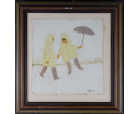 M. Wells, Collage of Two Figures with Umbrella. Signed lower right. Sight size: 6 x 6.5 in. Overall Size: 9.5 x 9.25 in.