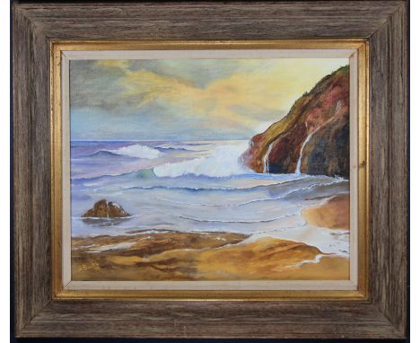 Dorothy Booth, "Sundown, California Beach". 20th century oil on board. Depicting a coastal seascape with crashing waves. Sigh