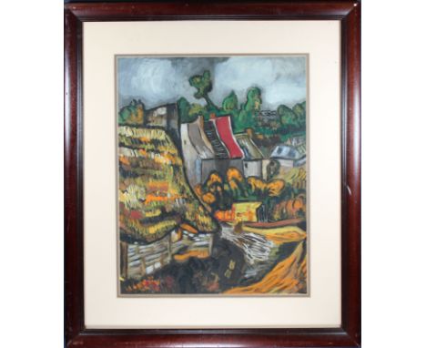 Signed, 20th C. Expressionist Village Scene with a Figure walking through a pathway. Signed "R. Long" lower right. Oil/Paper.