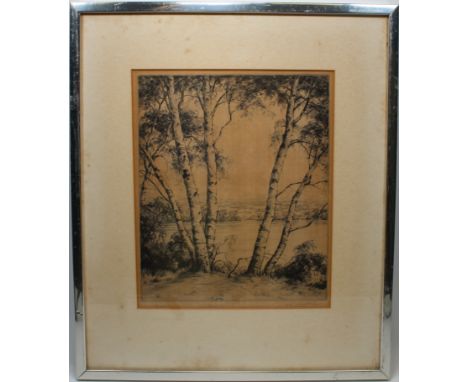 Ronau Woiceske  (New York, Illinois, 1887 - 1953) Etching of a Mountain lake scene.  Signed lower right.  He studied under Bi