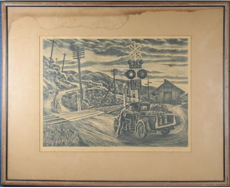Carlos Andreson (Utah, 1904 - 1978) WPA Era Lithograph titled "Country Crossing". Pencil signed in lower margin. With brief a