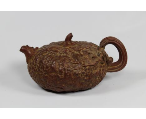 Chinese, Carved Clay Teapot. Marked on inside of lid. Width: 7.5 inches.