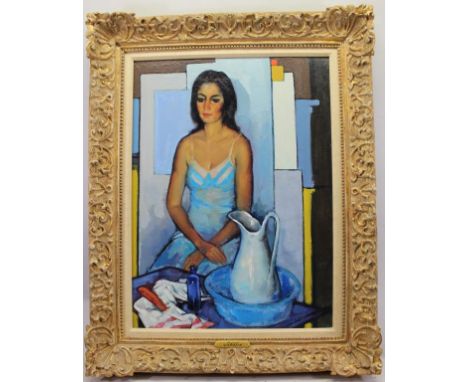 Jesus Mecko Casaus (Spain, 1926 - 2002) Portrait of a young seated woman. Signed lower right. Oil/Canvas. Sight Size: 23.75 x