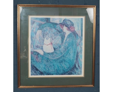 A limited edition framed print by Barbara A Wood (602/875) signed in pencil depicting a Woman with kitten. H: 51cm, W:45cm.  