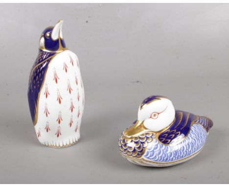 Two Royal Crown Derby paperweights. Penguin &amp; Duck with gold stoppers.  