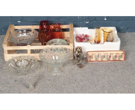 Two Boxes of Assorted Glassware. To include EPNS Rimmed Fruit Bowl, A Series of Vases and a Set of Six Drinking Glasses depic