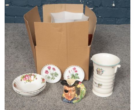 A box of miscellaneous. Crown ducal vase, Royal Worcester pin dishes (boxed), Royal Albert 'Old Country Roses' dishes etc  