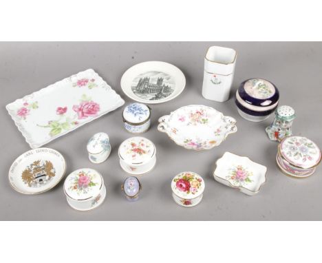 A group of assorted trinkets &amp; pin dishes. Royal Crown Derby, Crown Ducal, Queensway etc.  