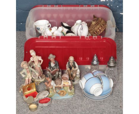 A Box of Miscellaneous Items. To include Four Doulton Cups and Saucers, a Pair of Glass Sugar Sifters and A Group of Small Pi