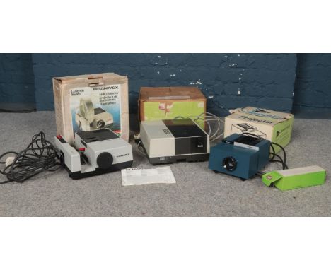 A group of projectors. Hanimex slide projector La Ronde series, Boots Colour master 2x2 slide projector, Boots Remote focus p