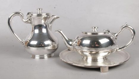 A Walker &amp; Hall silver plate teapot, coffee pot &amp; serving tray.  