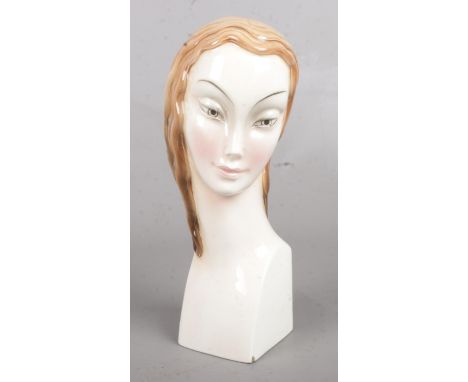 An art deco ceramic Katzhutte bust of a young woman. 1930s. 22cm tall.  