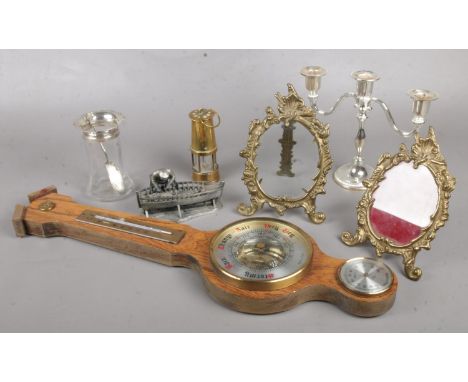 A mixed group of collectables. Includes Levi &amp; Salaman silver topped vase, miniature miners lamp, barometer, Evergreen Co