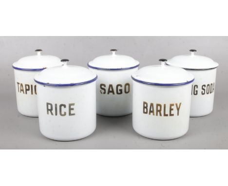 Five vintage Swedish Ker enamel storage jars.  
