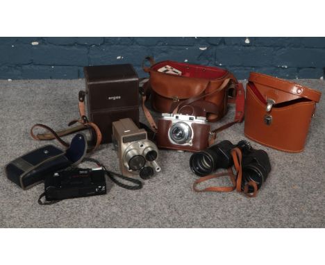 A group of vintage camera's &amp; binoculars. Argus M3 cinetronic camera, Frankarette Prontor SVS, cased Boots binoculars etc