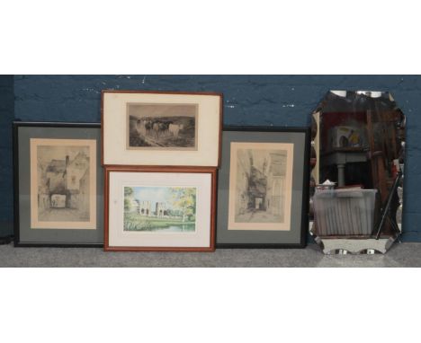 Three Etchings (Two of York), along with A Print of Roche Abbey by John Rudkin and A Bevel Edged Mirror.  