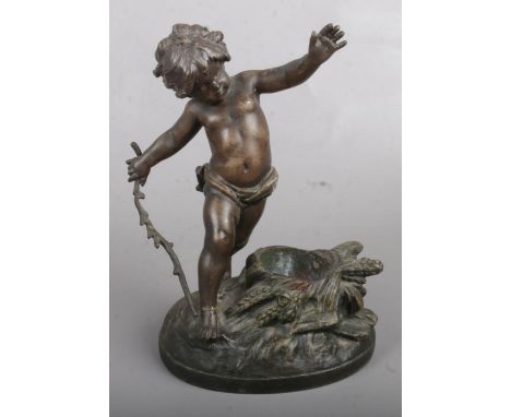 A Signed cast metal figural lamp base by L. Moreau depicting a Child holding a Stick. Foundry Mark to the Rear.  Glued at bot