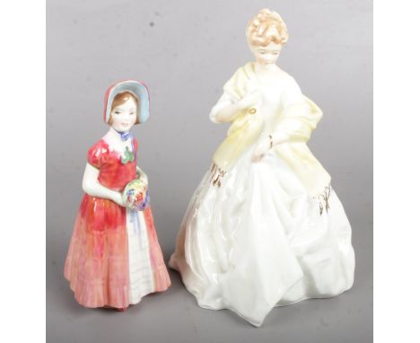 A Royal Worcester Doughty Figure (3629 - First Dance), together with A Royal Doulton Figure ( HN1986 - Diana)  