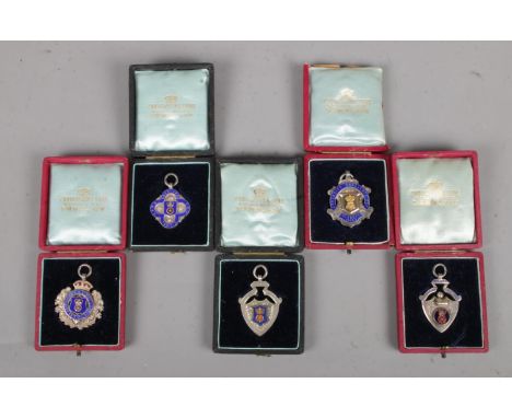 Five Silver &amp; enamel Football fob medals. All assayed in Birmingham by P.Vaughton &amp; Sons between 1904 &amp; 1907. All