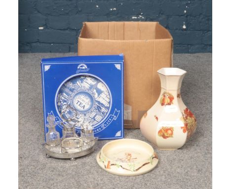 A box of miscellaneous. Royal Worcester 'Pelissy' vase, Royal Doulton ' The Squire' plate, Brentleigh ware 'Baby Ware by Pam'