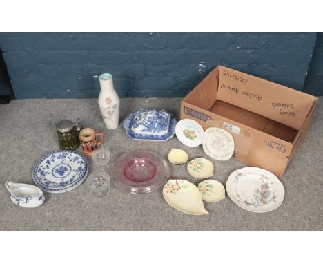 A box of mostly named ceramics. To include Delft, Carltonware, Burleigh ware,  an Original BMF Bierseidel lidded tankard and 