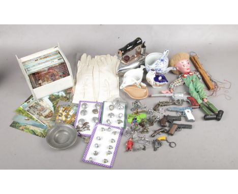 A Box of Miscellaneous Items. To include a collection of Railway Buttons, a Selection of Postcards and a Pelham Puppet.  