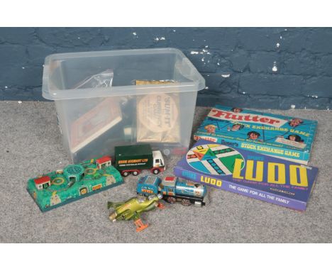 A box of vintage board games &amp; toys. Dinky toys 351 UFO interceptor, Spears Games Ludo &amp; Flutter, tin plate steam tra