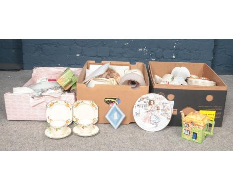 Three boxes of miscellaneous. Wedgwood, Royal Worcester, Maddock &amp; sons etc  