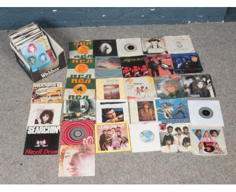 A box of approx. one hundred 7" 1980's Rock &amp; Pop vinyl records. Artists to include, David Bowie, OMD, Level 42, 10cc, Br