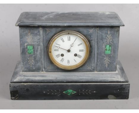A Black Slate Flat Topped Mantle Clock, with Green Decoration to the Sides and Base.  Condition Fair, does not run.