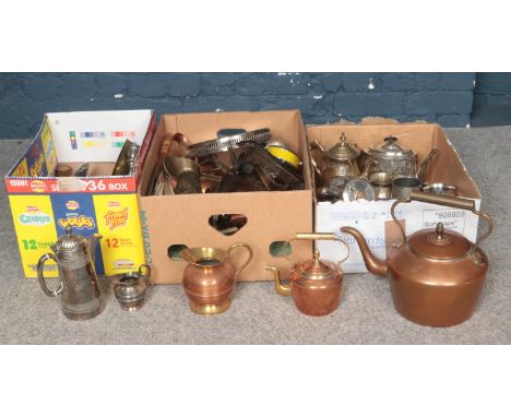 Three boxes of metalwares. Vintage Copper kettle, silver plate tankards, teapots etc  