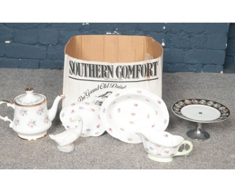 A group of miscellaneous ceramic's. Shelley gravy jug/plate, large dish &amp; platter, Royal Crown Derby coffee cup &amp; two