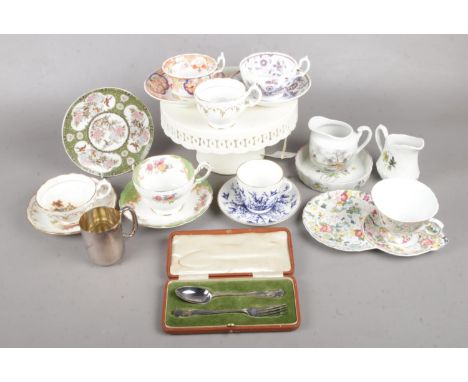 Six assorted cups &amp; saucers, milk jugs and a cake stand etc. Comprising of two H&amp;S (Hart &amp; Son) cups and saucers,