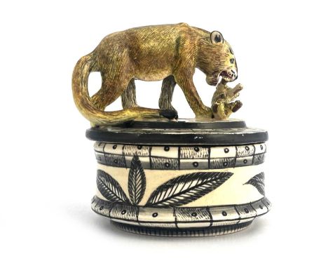 Senzo Duma for Senzo Duma Ceramic Arts, a studio pottery lion and cub novelty box and cover, painted by Virginia Xaba, painte