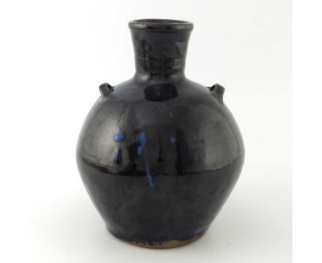 Ray Finch for Winchcombe, a studio pottery vase, twin handled shouldered ovoid form, tenmoku glaze with blue speckles, impres