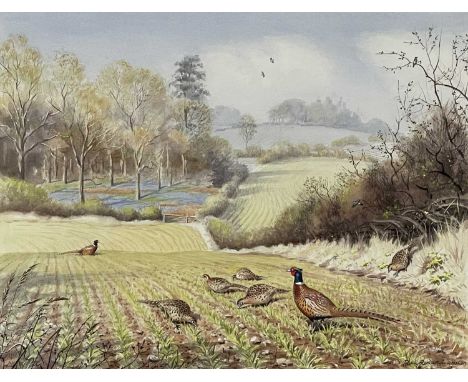 Robin Reckitt (British, 1928), a meadow with pheasants after R. McPhail, signed l.r., presentation inscription and dated 1988