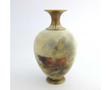 Harry Stinton for Royal Worcester, a Highland cattle painted vase, circa 1914, ovoid form, with gilded trumpet shaped neck on