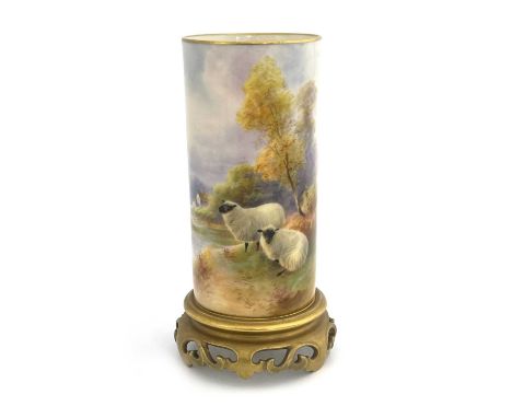 Harry Davis for Royal Worcester a sheep painted spill vase, circa 1925, cylindrical form, on reticulated and gilded circular 