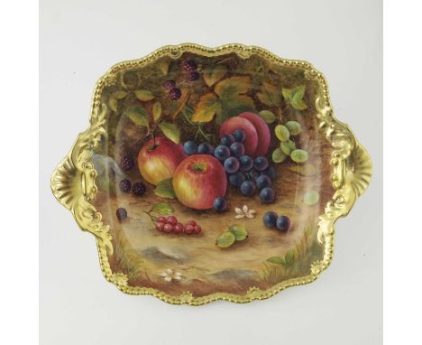 F Clark for Royal Worcester, a fruit painted strawberry dish, twin handled rectangular form, decorated with apples and grapes