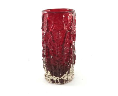 Geoffrey Baxter for Whitefrairs, a Ruby textured glass bark effect vase, model 9691, designed circa 1966, cylindrical form, 2